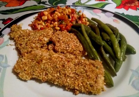 Sesame, herb and parmesan breaded cod, corn salsa and steamed green beans.