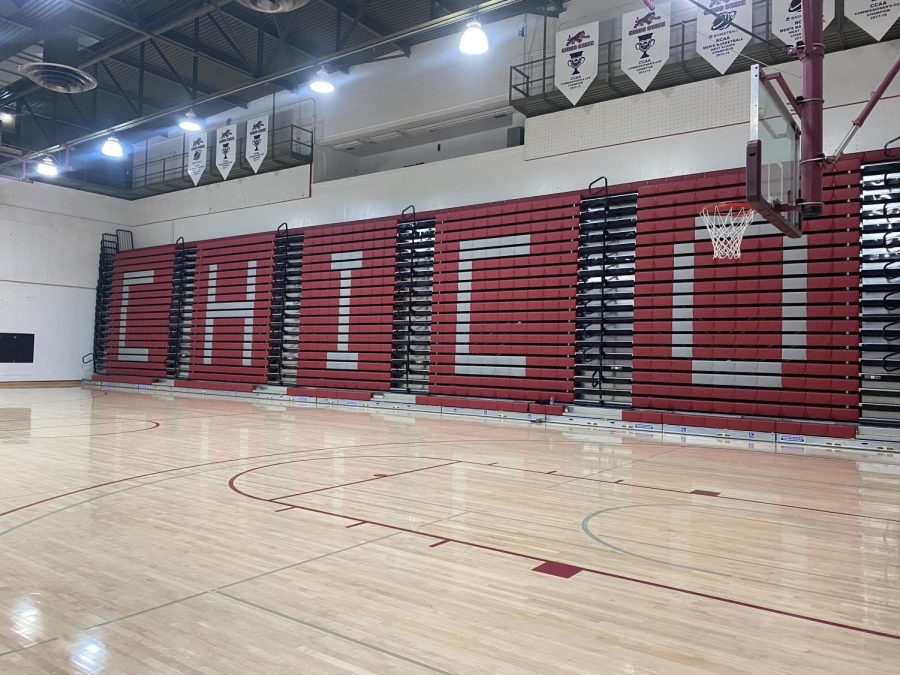 Chico spelled out in the empty bleachers at Acker Gym. 