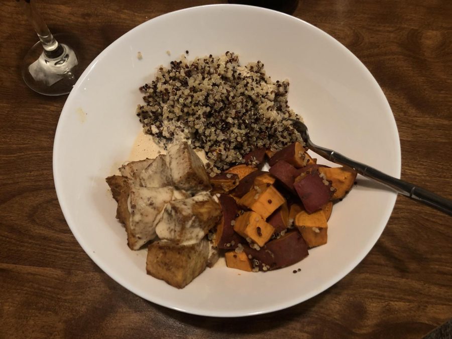 A bowl of quinoa, sweet potato, and tofu. One of the many meals Thomas enjoys since going vegan.