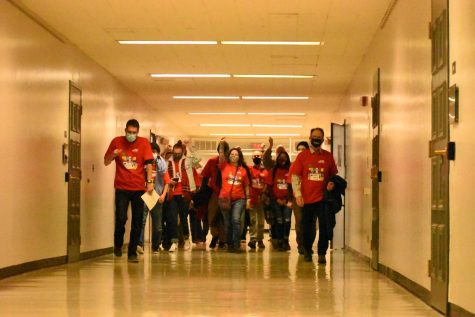 Chico State CFA walked through Kendall Hall to deliver a petition to President Gayle Hutchinson on Nov. 8.