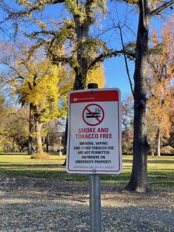 One of many smoke and tobacco free signs on campus. Photo by Noah Herbst, taken Nov. 29.