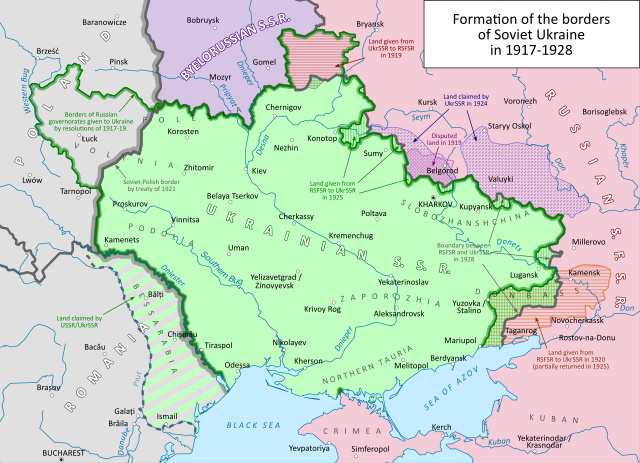 The borders of Soviet Ukraine 1917-1928. Many parts of present day Ukraine were added later in the Soviet period.

Hellerick, CC BY-SA 4.0 , via Wikimedia Commons