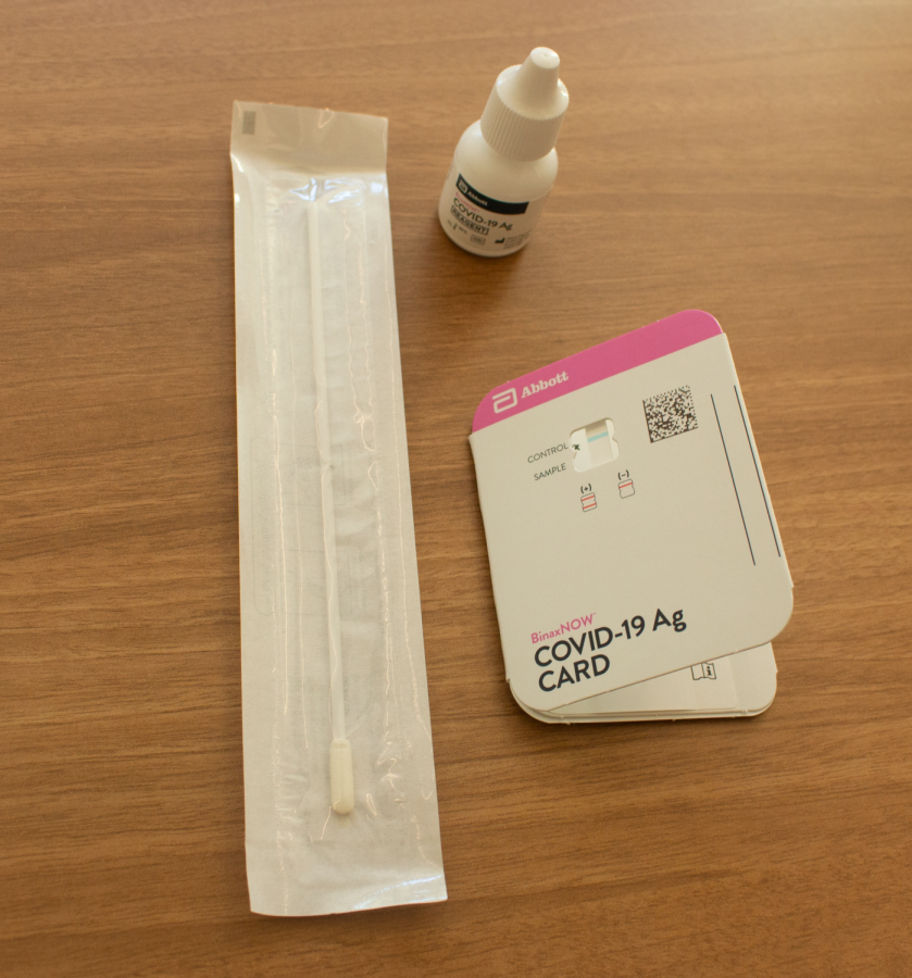 Rapid COVID test with dropper of reagent and long nasal swab. 
