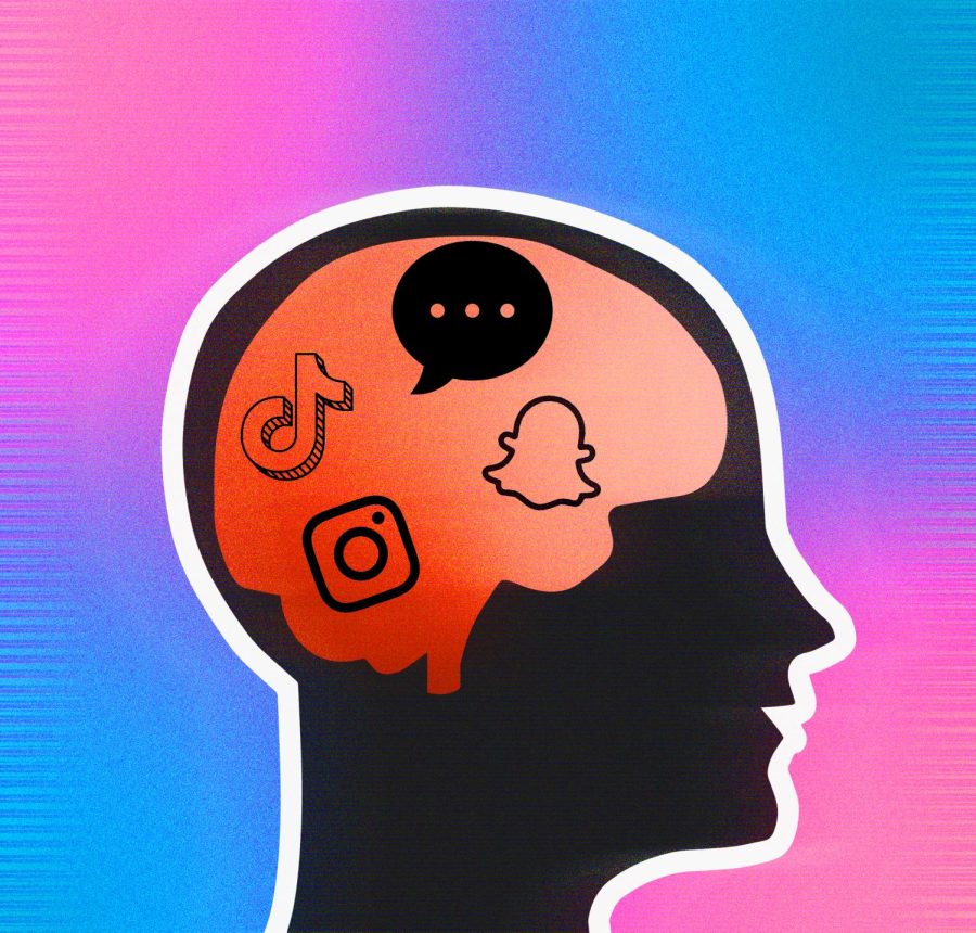 Social media logos layered on the brain of a silhouette of a side profile.