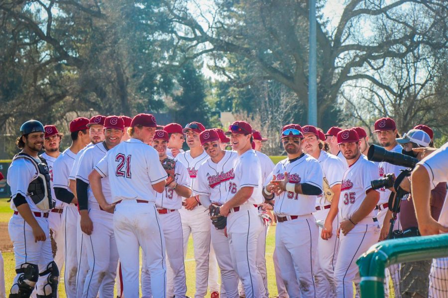 Chico State Wildcats having a pep-talk before playing Saint Martins Saints
