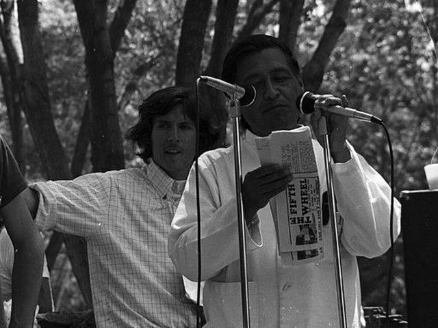 Cesar Chavez — speaking at the Delano UFW−United Farm Workers rally, in Delano, California (June 1974).