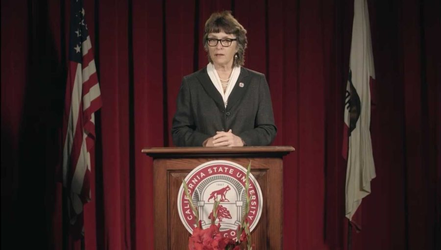 President Gayle Hutchinson delivering State of University address on March 3. 