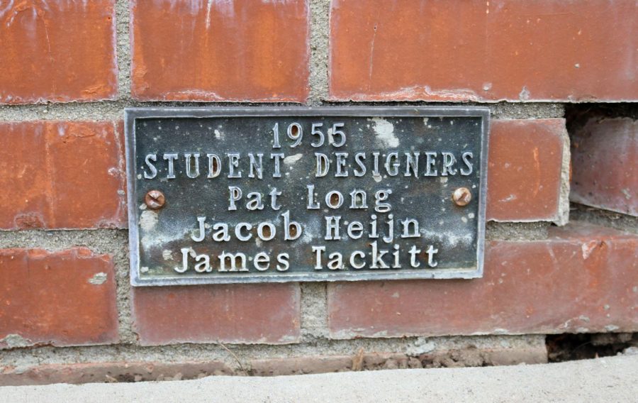Plaque recognizing the student designers of the flagpole structure in 1956