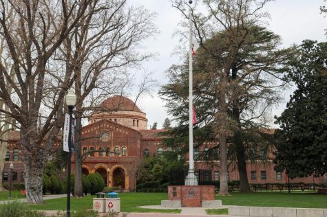 The flagpole at Chico State in front of Kendall Hall