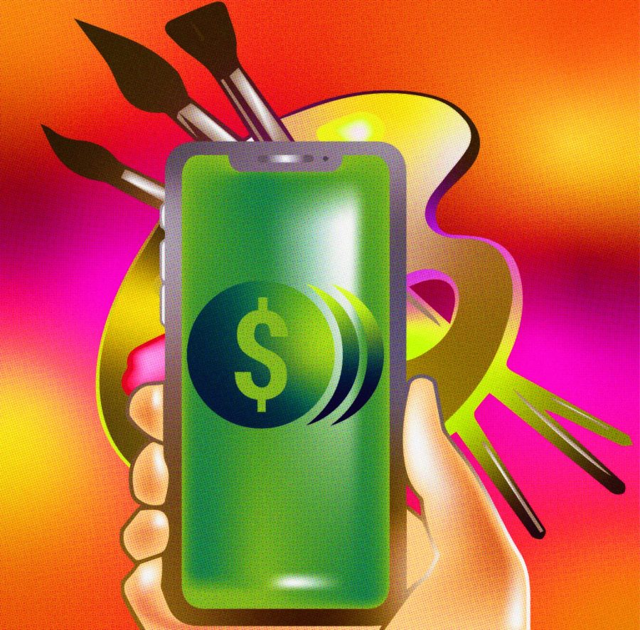 Digital graphic of a smartphone showing a cryptocurrency logo with paintbrushes behind.
