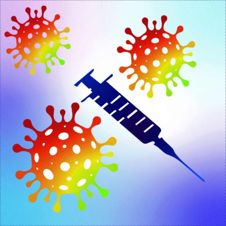 Graphic of a syringe and COVID particles
