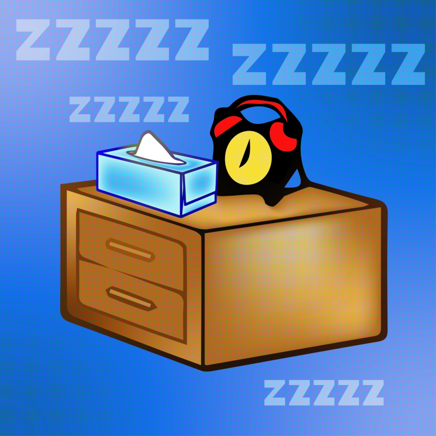 Graphic of a nightstand with tissues, an alarm clock, and the sleep symbol zzz