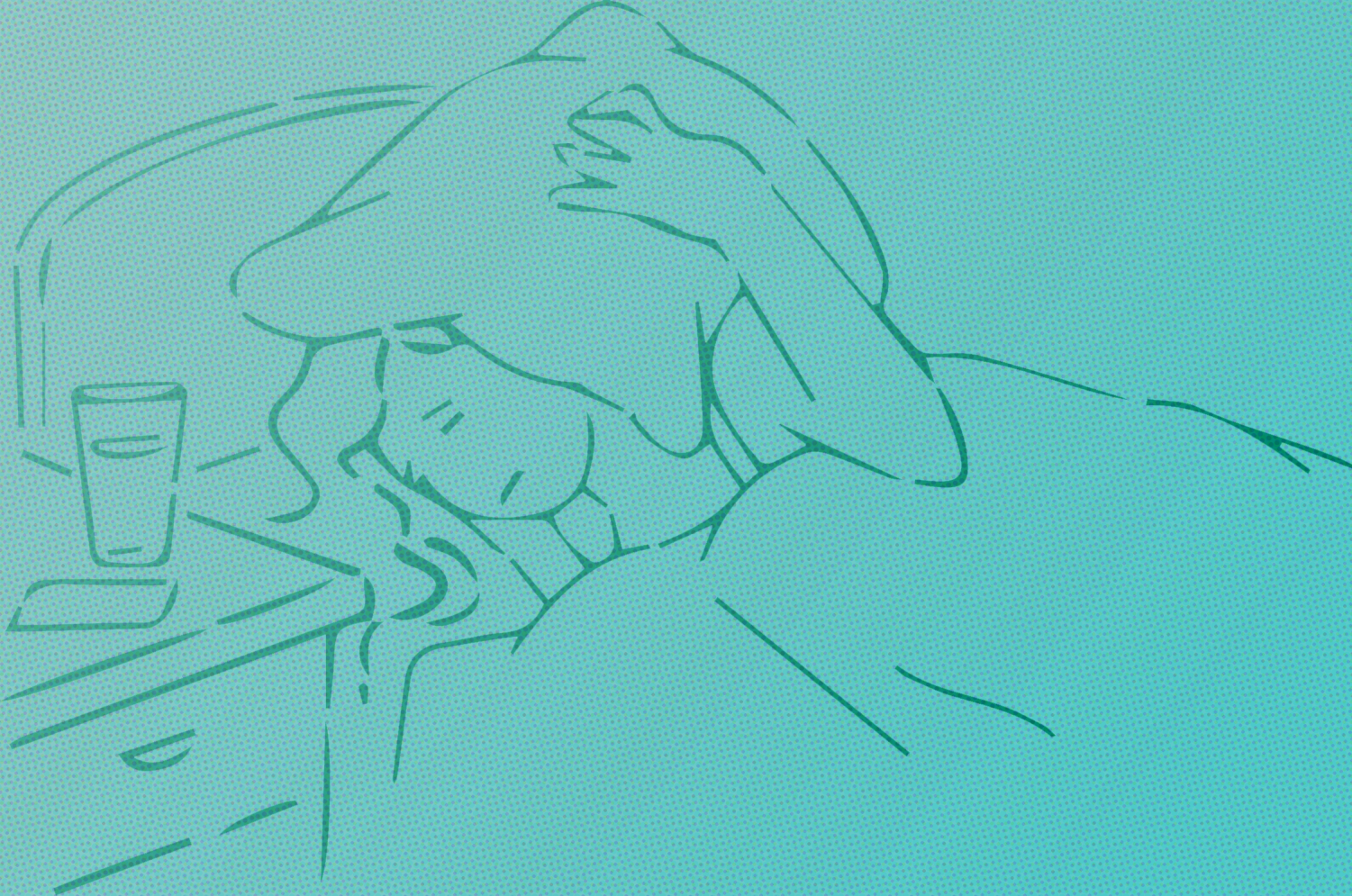 Graphic of a girl sick in bed with a pillow over her head