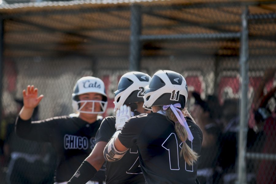 Wildcats celebrating after a scored run against the Pioneers.