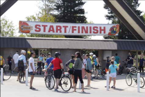 Bikers congregate at the finish line after completing their races. Photo taken April 24 by Mason Tovani
