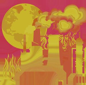 Artistic graphic of factories polluting the air, with flames in the back