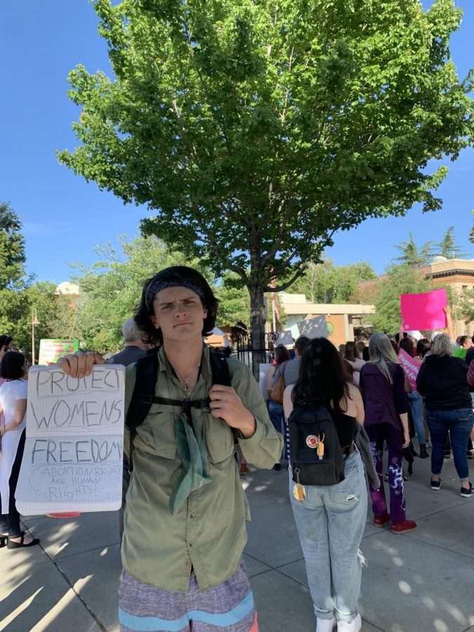 Chico citizen Jared Geiser protesting at an abortion rights protest at Chico City Plaza on May 2, 2022.