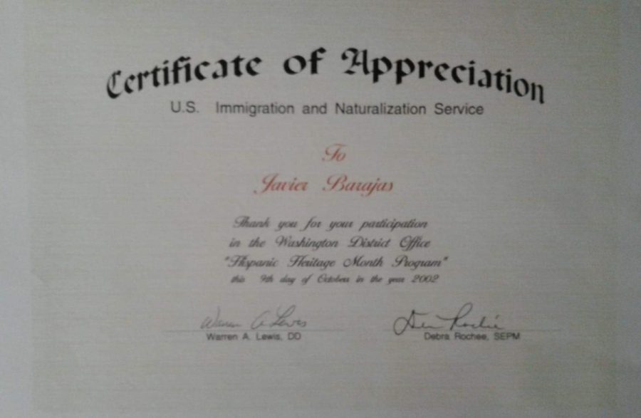 Certification of Appreciation from the INS