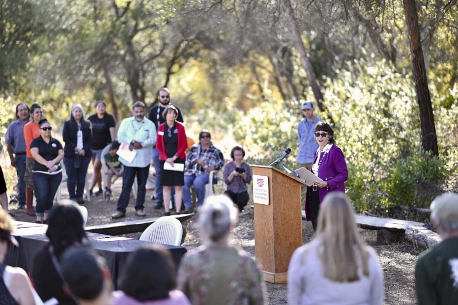 President Gayle Hutchinson addresses the crowd at the ceremony to celebrate the transfer of the Butte Creek Ecological Preserve from Chico State to the Mechoopda Tribe.