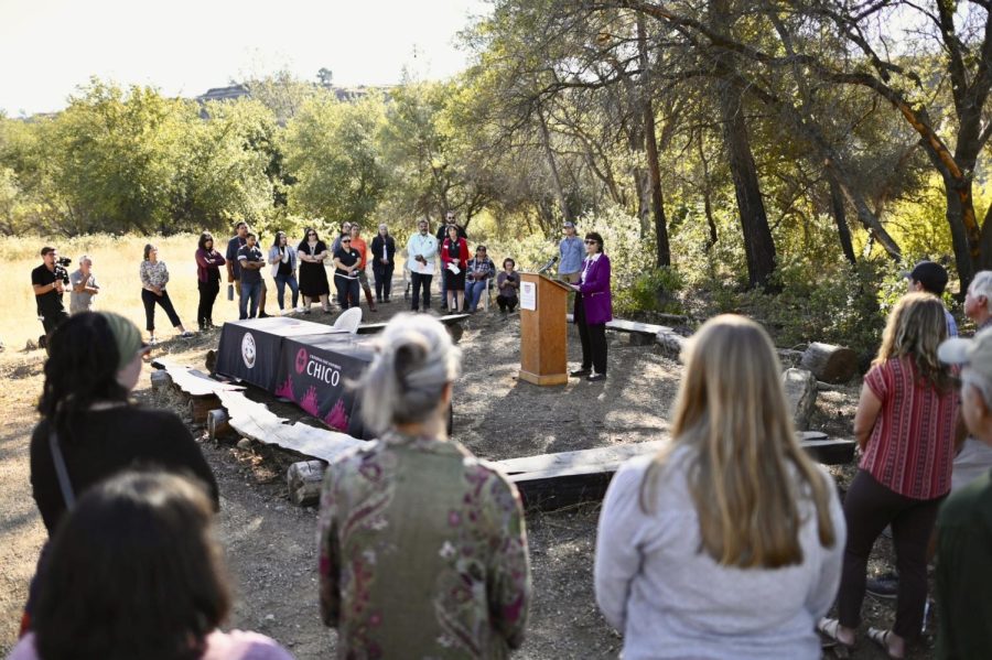 President Gayle Hutchinson addresses the crowdat the ceremony to celebrate the transfer of the Butte Creek Ecological Preserve from Chico State to the Mechoopda Tribe.