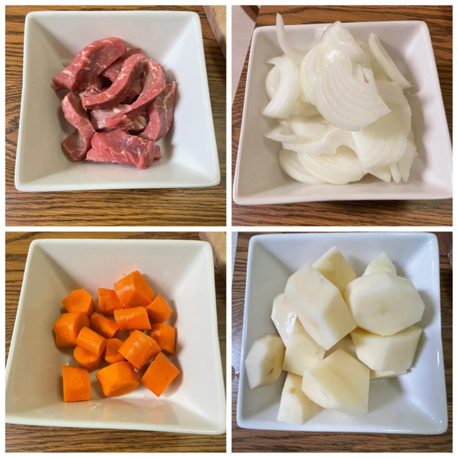 Prepared beef, onions, carrots and potatoes, all ingredients required for Niikujaga. Photo by Hiroto Nakajima.