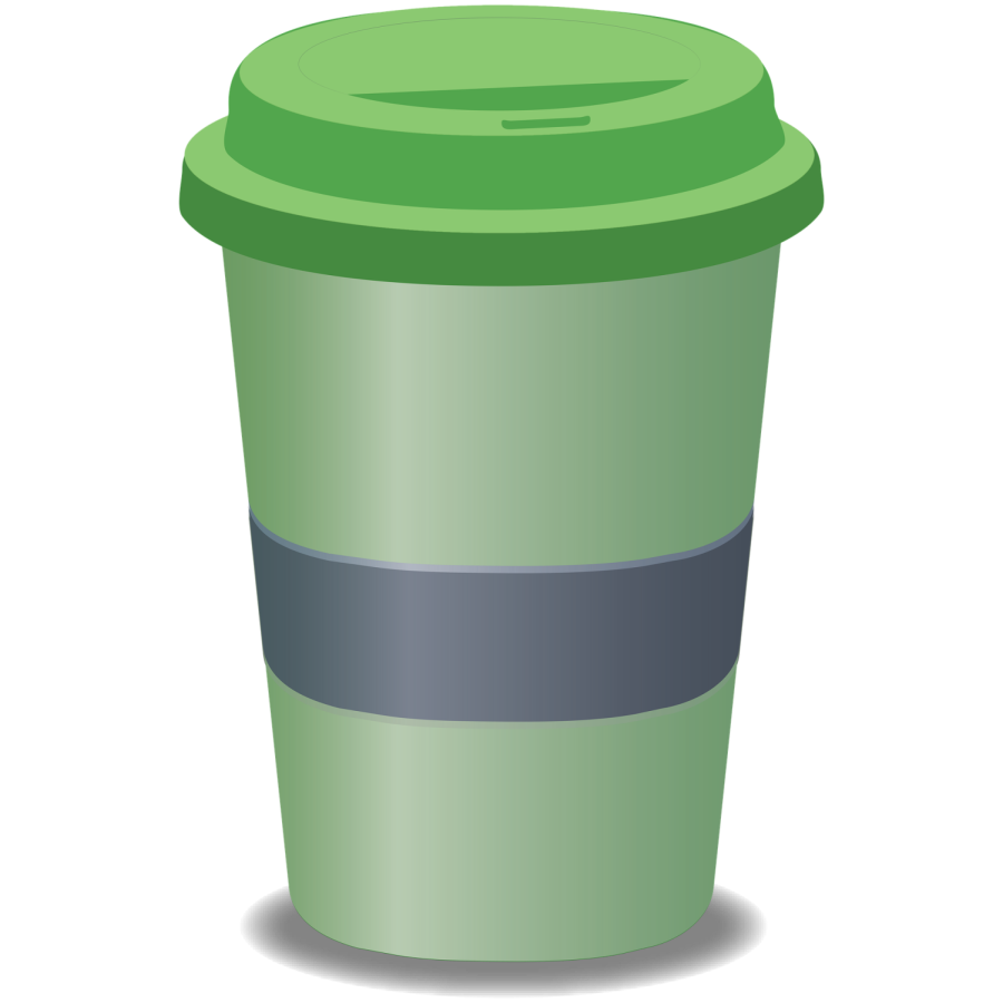 A graphic of a green, reusable coffee cup. Image courtesy of Meghan Burkett and Pixabay.