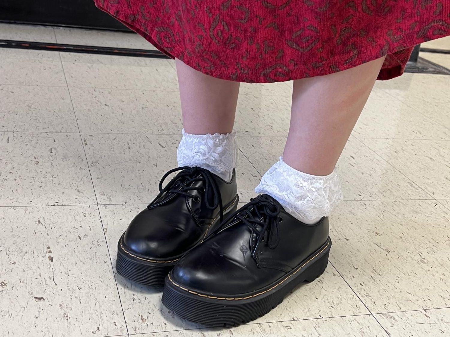 cute black shoes with white ruffle socks on feet