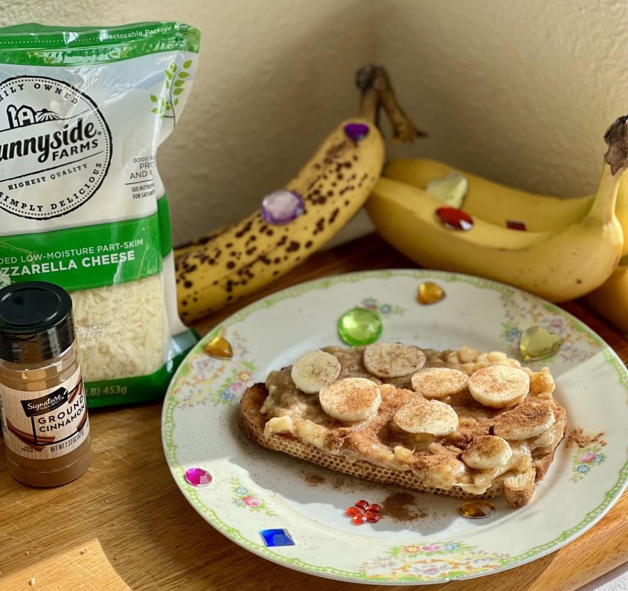 banana mozzarella toast on plate with bananas in background a bag of cheese and cinnamon