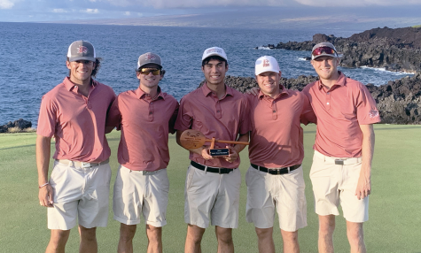 Pictured from left to right, are sophomores Mark Noonan, Travis Miller, freshman Naoki Easterday, sophomore Dakota Ochoa and junior Tyler Ashman holding the Hawaii Pacific Shark Shootout championship trophy. Photo Credit: Chico State Sports Information