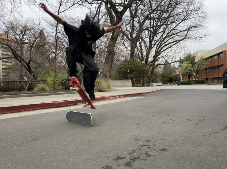 Teenager in all black does an ollie over a skate board.