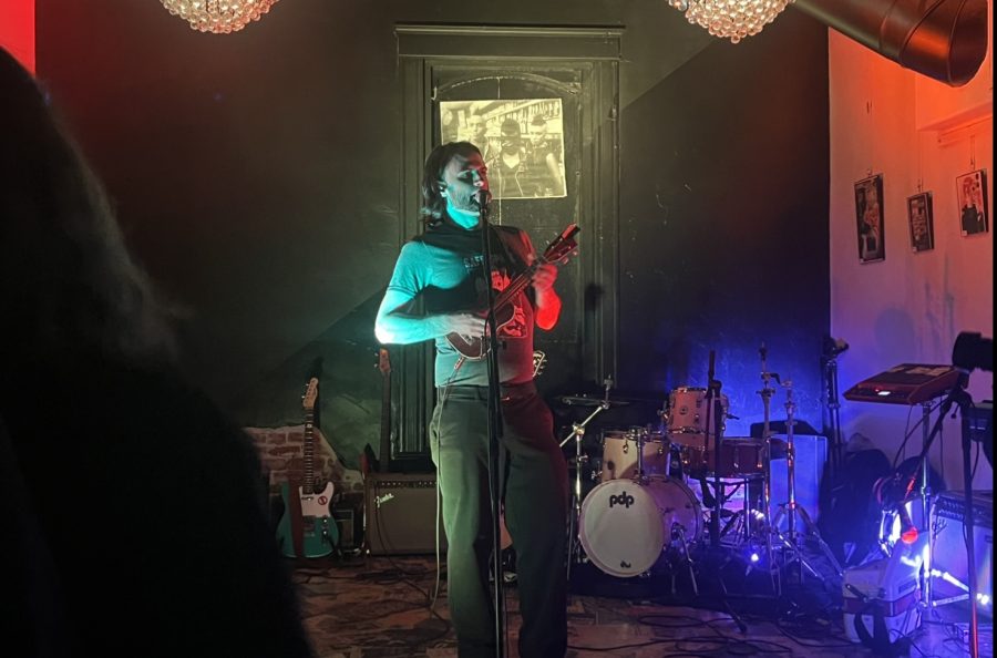 Henry Crook Bird strums a ukulele on stage at The Naked Lounge.