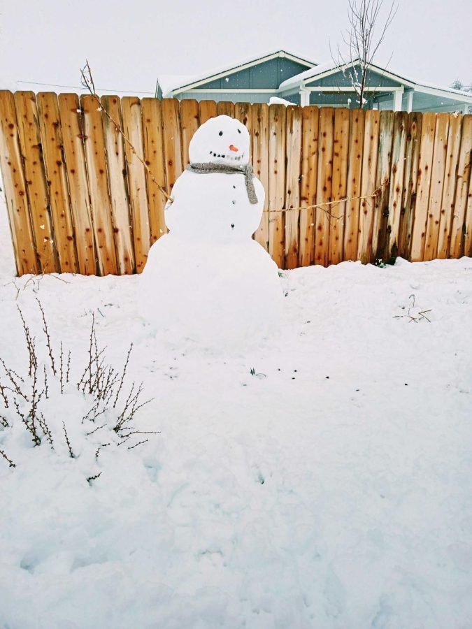 A snow person in Paradise, CA after a night of snow. Photo by Brykelle Lang, taken Feb. 24.