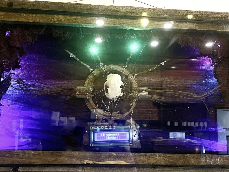 A skull rests in the middle of a metal circle with wires stretching out to the sides. Blue, green and purple colors are diffused through the sheers attached to the back of the shadow box. A small digital screen rests below the main center piece, it says and dreams begin. Medium brown wood creates the box and lights in The Naked Lounge reflect off of the boxs glass.
