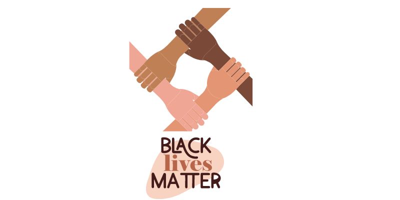 Graphic of four arms grabbing onto each other. Each displaying different skin tones with a Black Lives Matter logo beneath