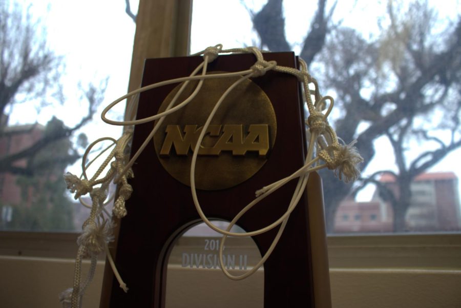Chico State Men's Basketball team trophy. Photographed by Wyatt Alpert on March 9.