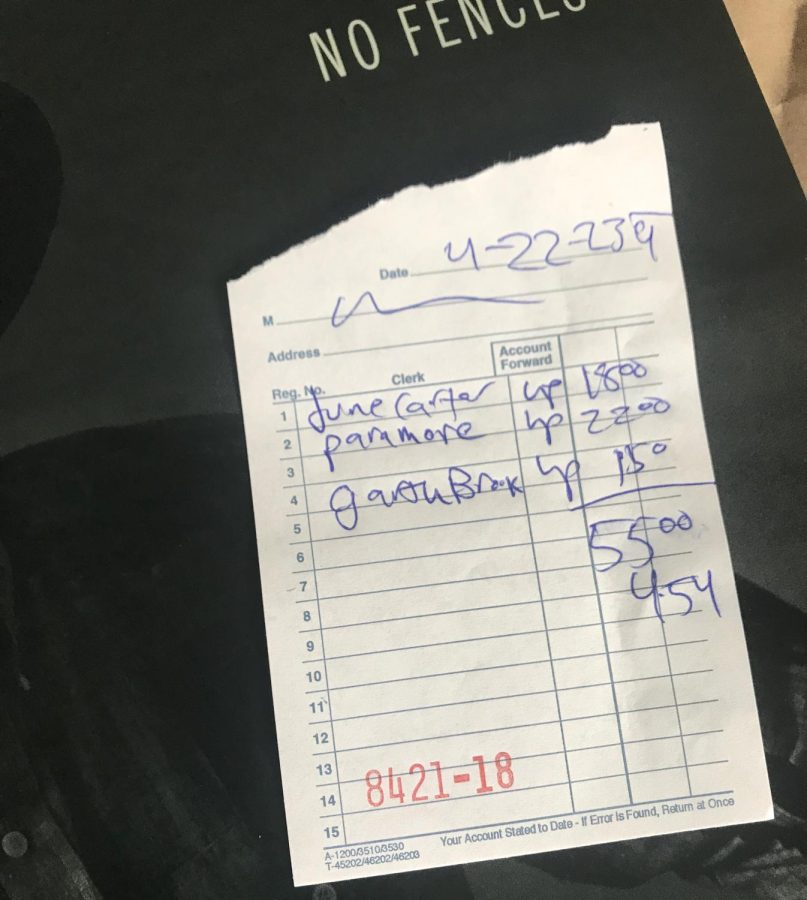 Handwritten receipt on black background.