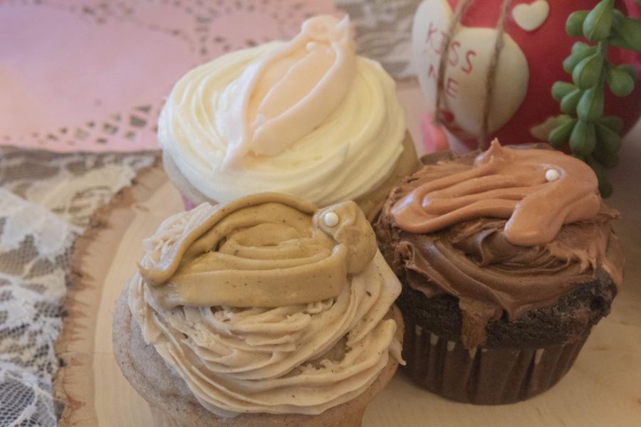 A white, dark brown and light brown vagina cupcakes sit in a triangular form on display.