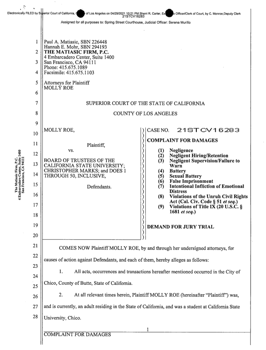 The initial complaint was submitted to the Superior Court of California on April 29, 2021. Document Credit: Superior Court of California, County of Butte