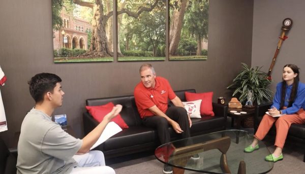 Chico State President Steve Perez being interviewed by The Orion. Left to right: Alejandro Mejia Mejia, Steve Perez and Molly Myers. Screenshot of video interview taken Sept. 9, 2023. 
