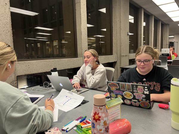 Seniors studying at 10 p.m. on the second floor of Meriam Library. Left to right: Maddy Kelly, Cassidy Cowley and Emily Youngberg. Photo taken Sept. 10 by Molly Myers.