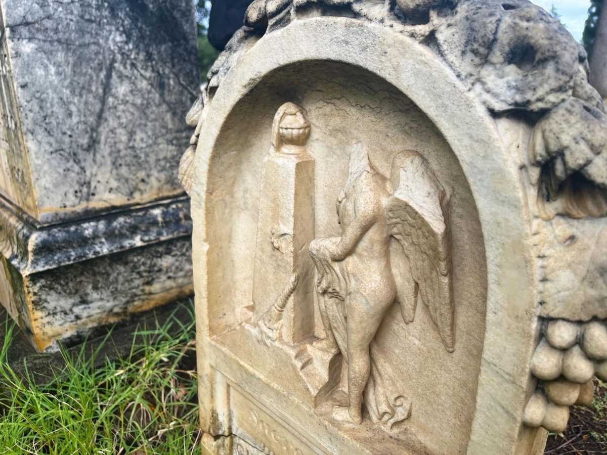 A partially broken gravestone in the “pioneer neighborhood” in the Chico Cemetery. Taken by Ariana Powell on Oct. 9.