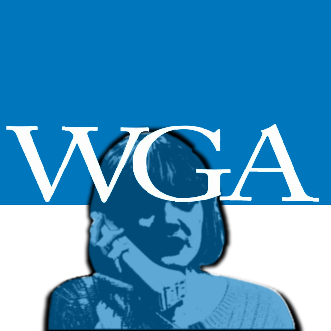 Drew Barrymore in Scream against the logo of the Writers Guild Association