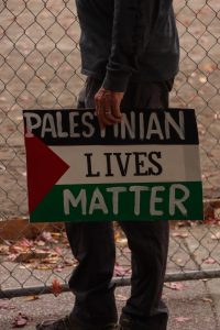 Palestinian lives matter sign being displayed Nov 4 at Downtown Chico City Plaza during a vigil for lost Palestinian lives.