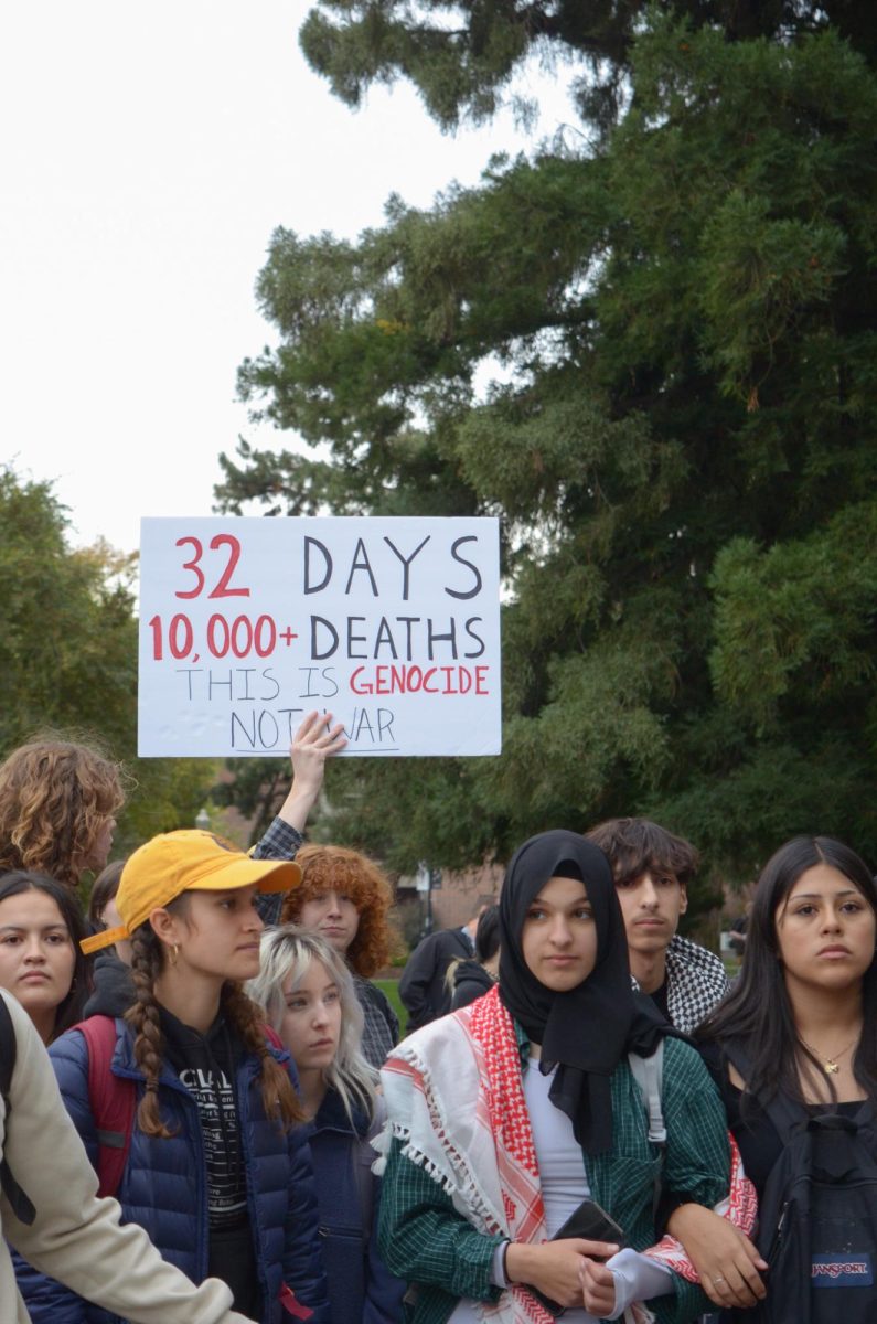 Students attend the walkout and stand together. One holds a sign that reads, 32 days 10,000 deaths this is genocide not war.