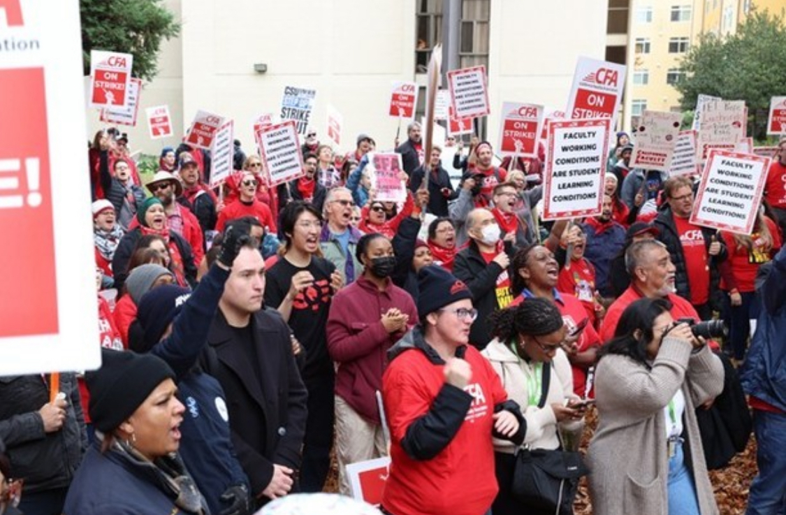 California Faculty Association members gather during the one-day strikes at participating universities. Courtesy: CFA