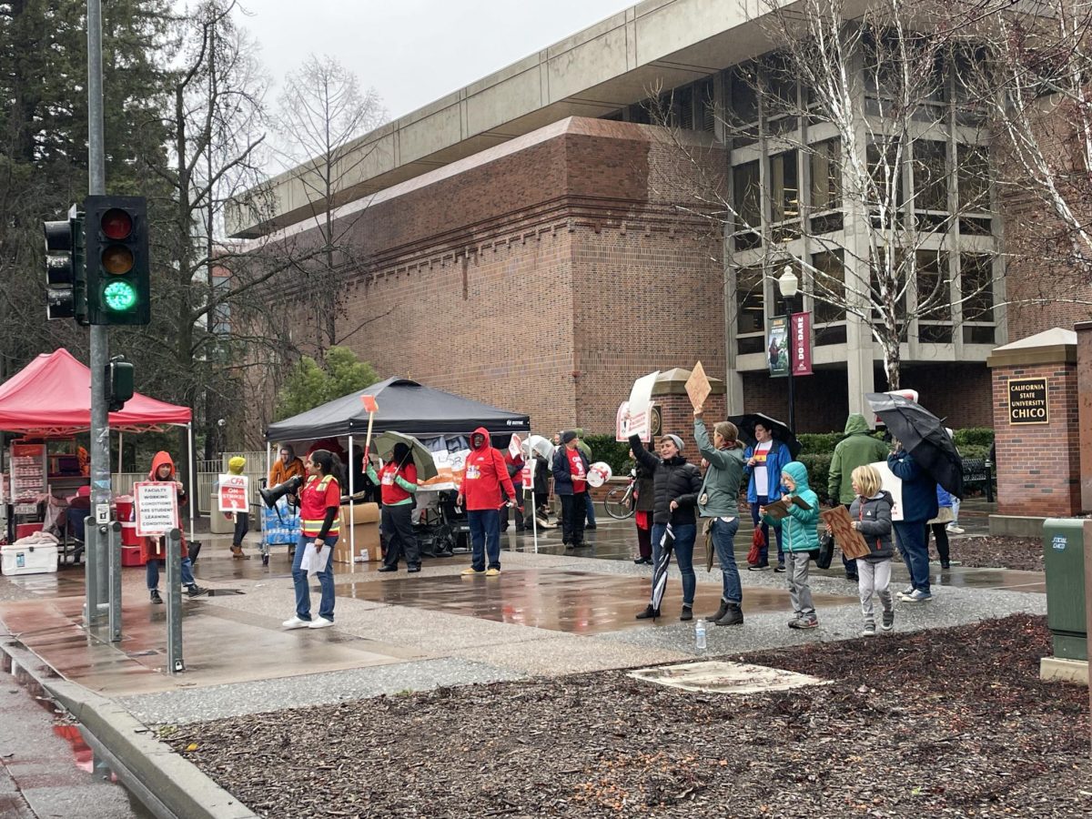 Chico+State+faculty+members+gather+at+the+picket+lines+during+Monday%E2%80%99s+strike.+Taken+by+Shane+Aweeka+on+Jan.+22.