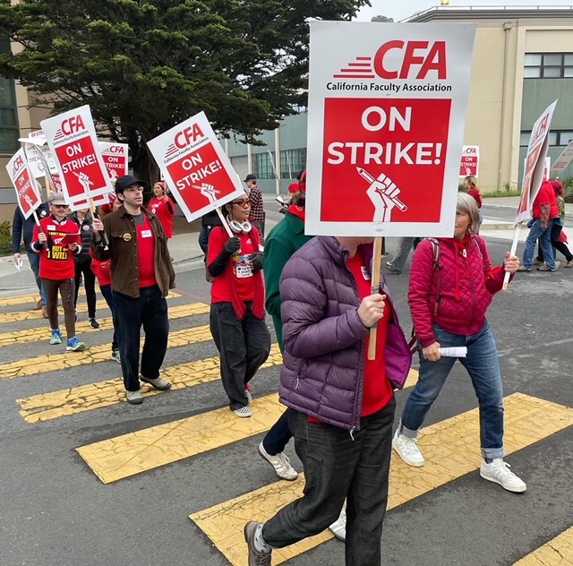 Picketers march at San Francisco State. Courtesy: California Faculty Association
