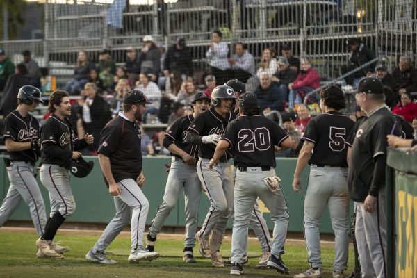 Chico State freshman Michael Baker following his first home run of the 2024 season. Photograph taken by Will G. MacNeil.
