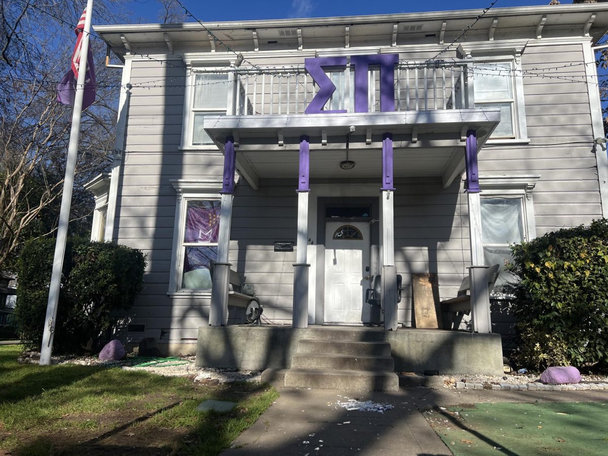 The Sigma Pi fraternity house on a quiet Monday morning in Chico, California on Feb. 26, 2024. Photo taken by Molly Myers. 