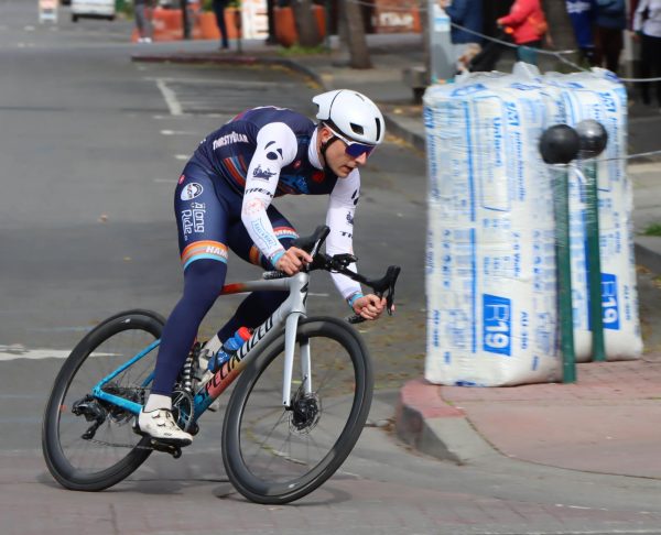 A racer navigates a corner while racing through downtown Chico. Taken by Toby Neal on March 10.
